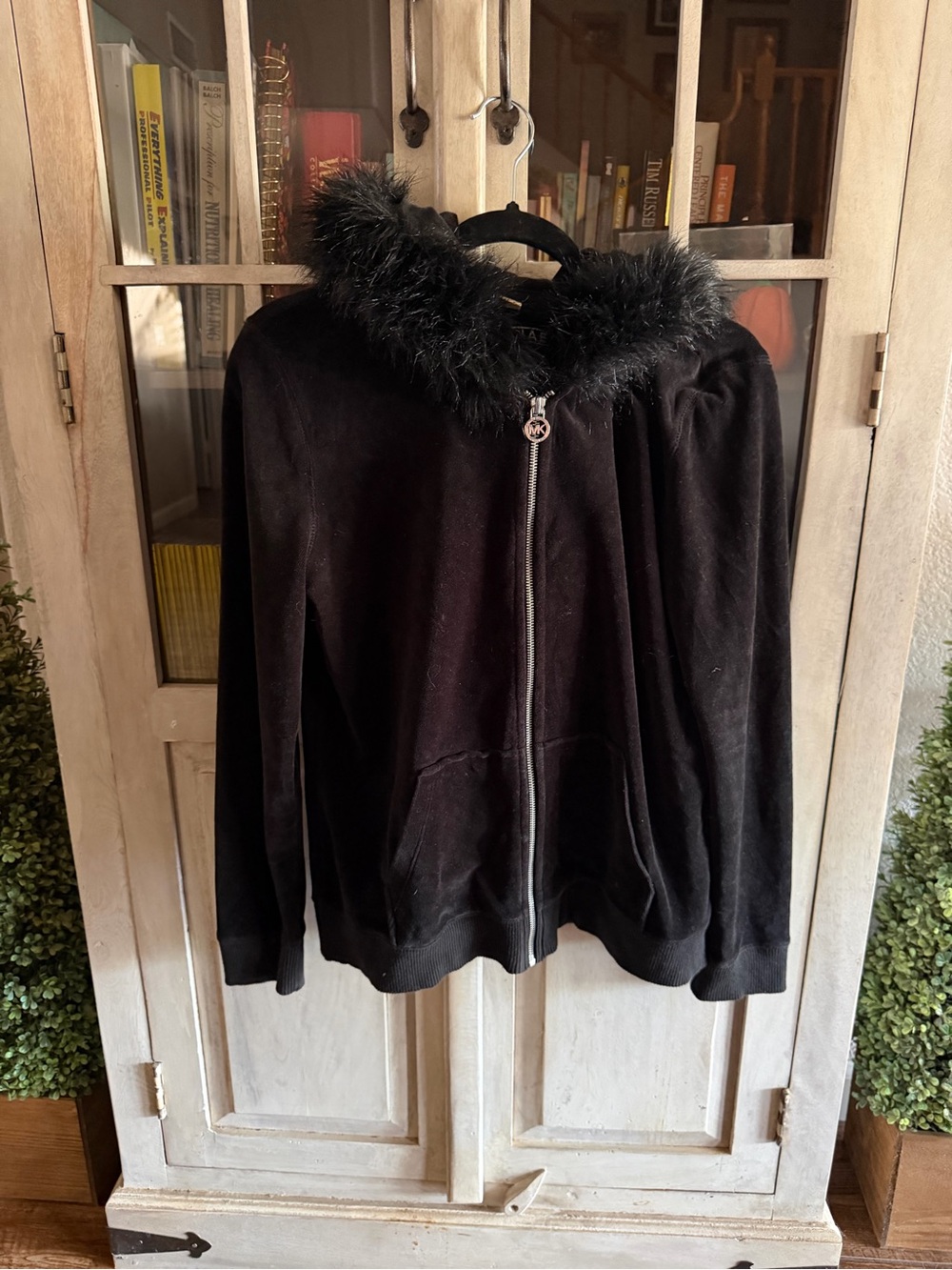 Michael Kors Black Zip-Up Hoodie with Faux-Fur Trim